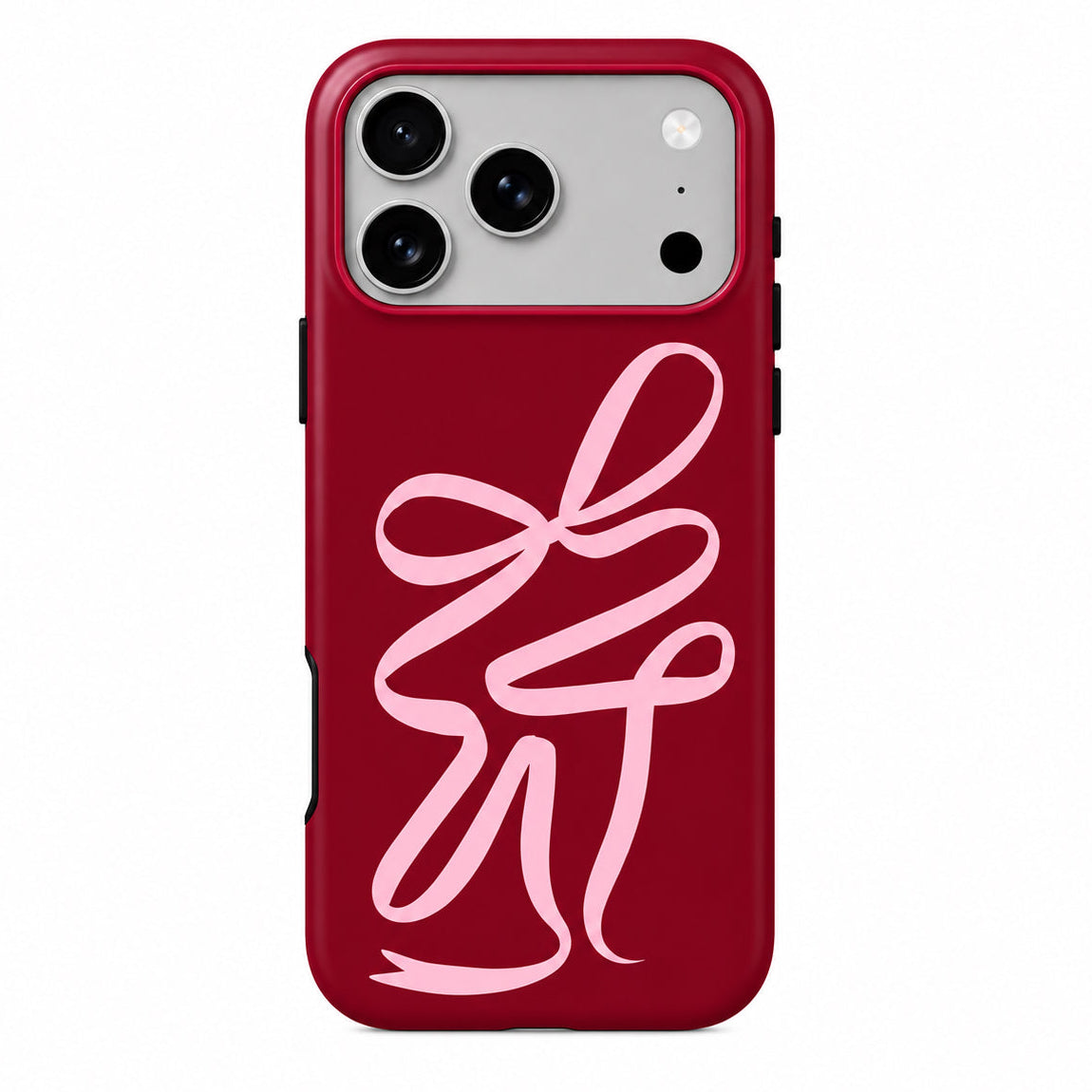 Stylish red iPhone phone case with ribbon design in pink with a white background 
