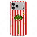 Striped white and red iPhone phone case with palm tree and starts with white background 