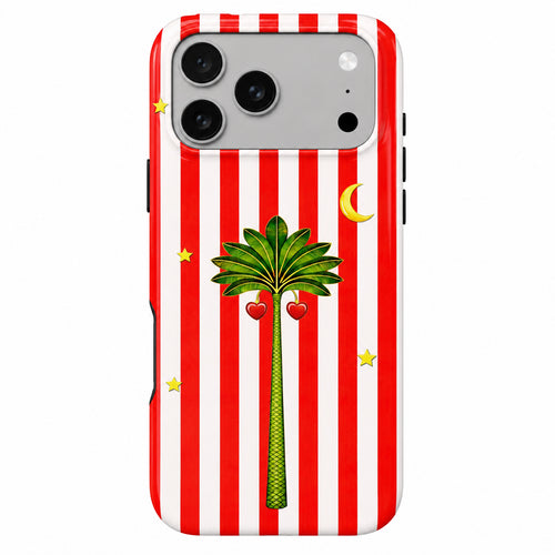 Striped white and red iPhone phone case with palm tree and starts with white background 