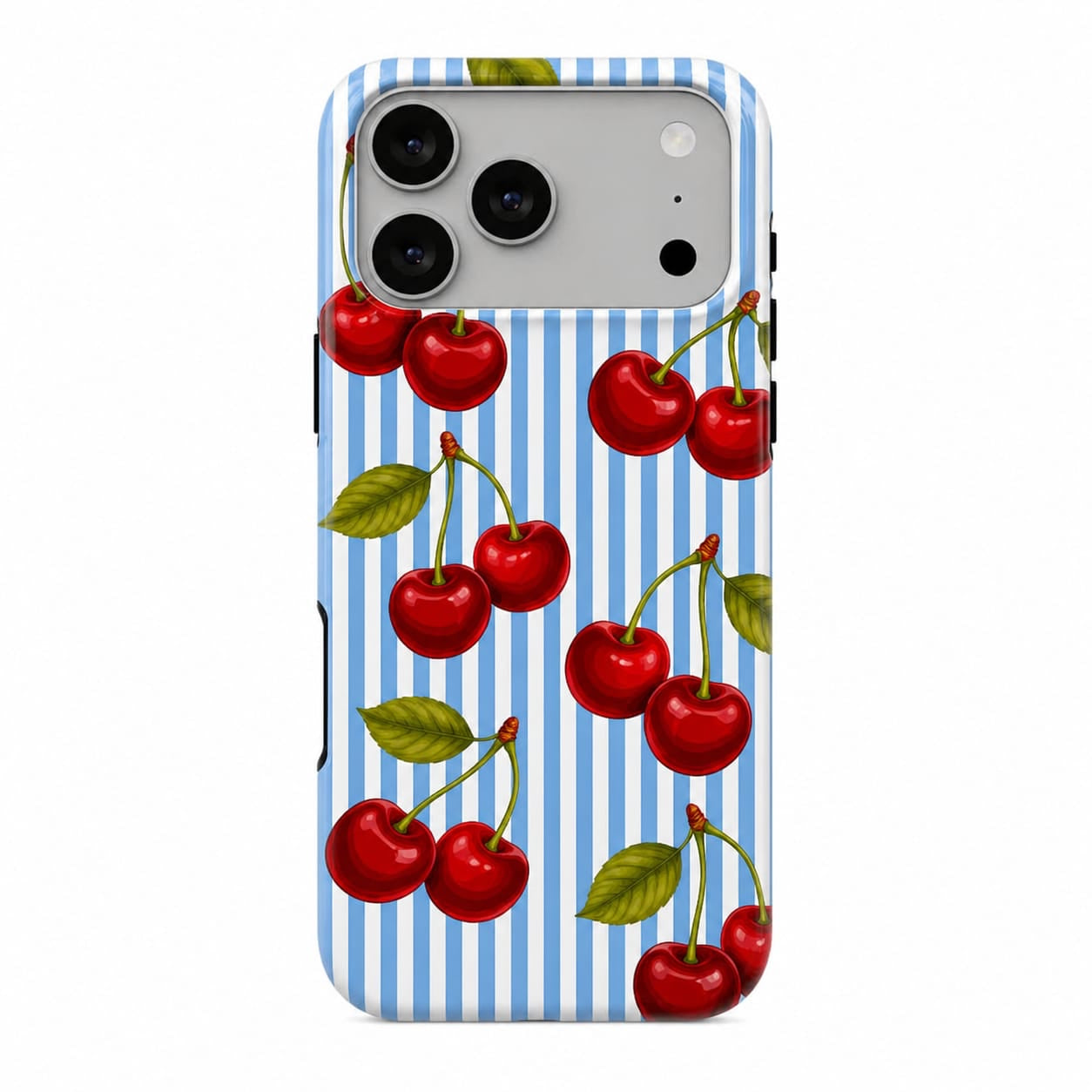 Phone case with red cherries on a blue and white striped background