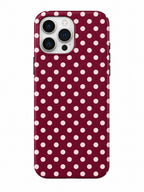 Phone case with red background and white polka dots on a white background