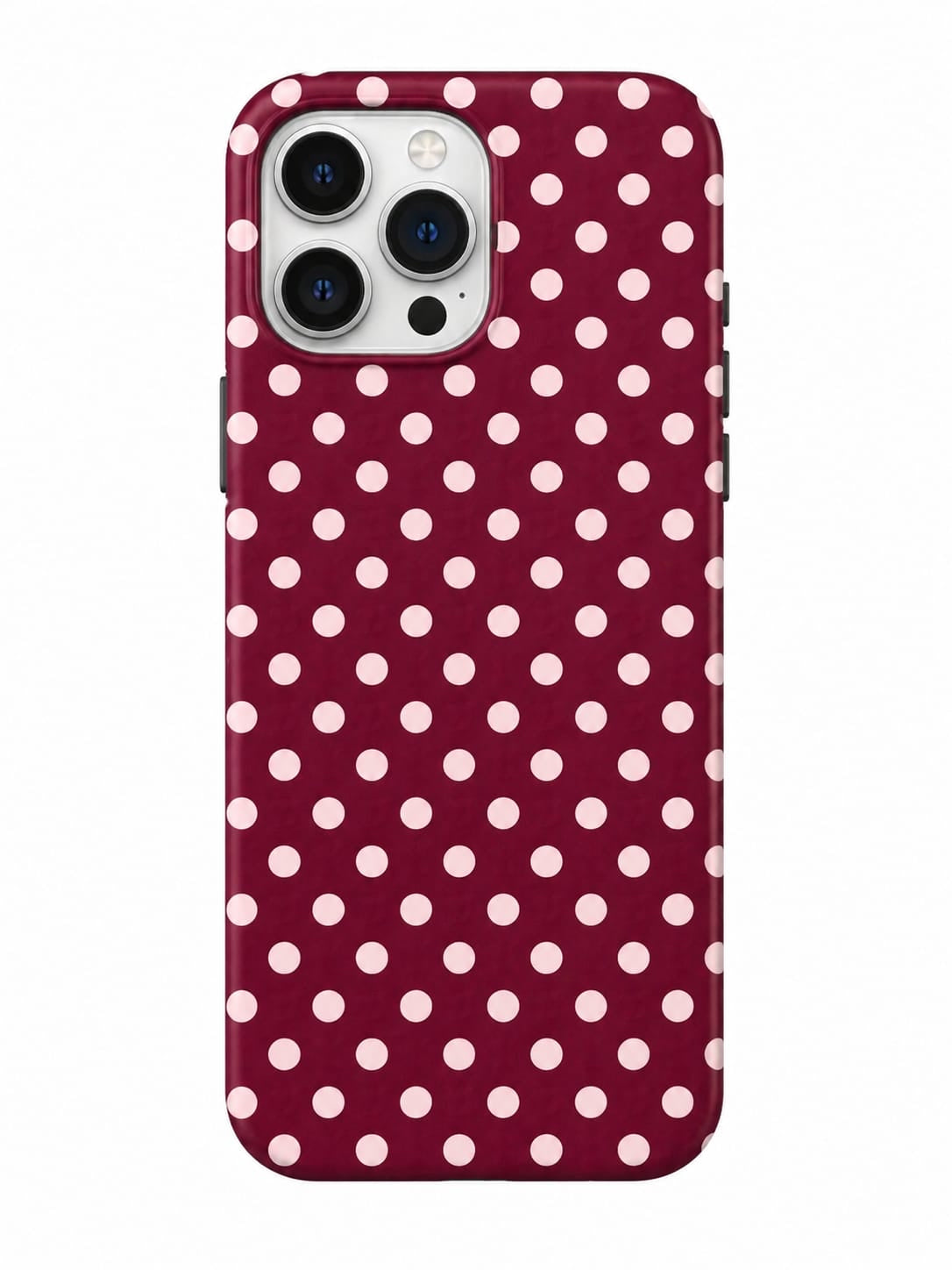 Phone case with red background and white polka dots on a white background
