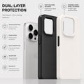 Exploded view of a premium dual-layer phone case showing a soft silicone inner layer and durable hard shell exterior with labeled protection features including shock absorption, raised edges, secure grip, and precise fit.
