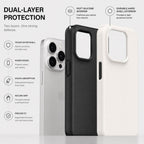 Exploded view of a premium dual-layer phone case showing a soft silicone inner layer and durable hard shell exterior with labeled protection features including shock absorption, raised edges, secure grip, and precise fit.