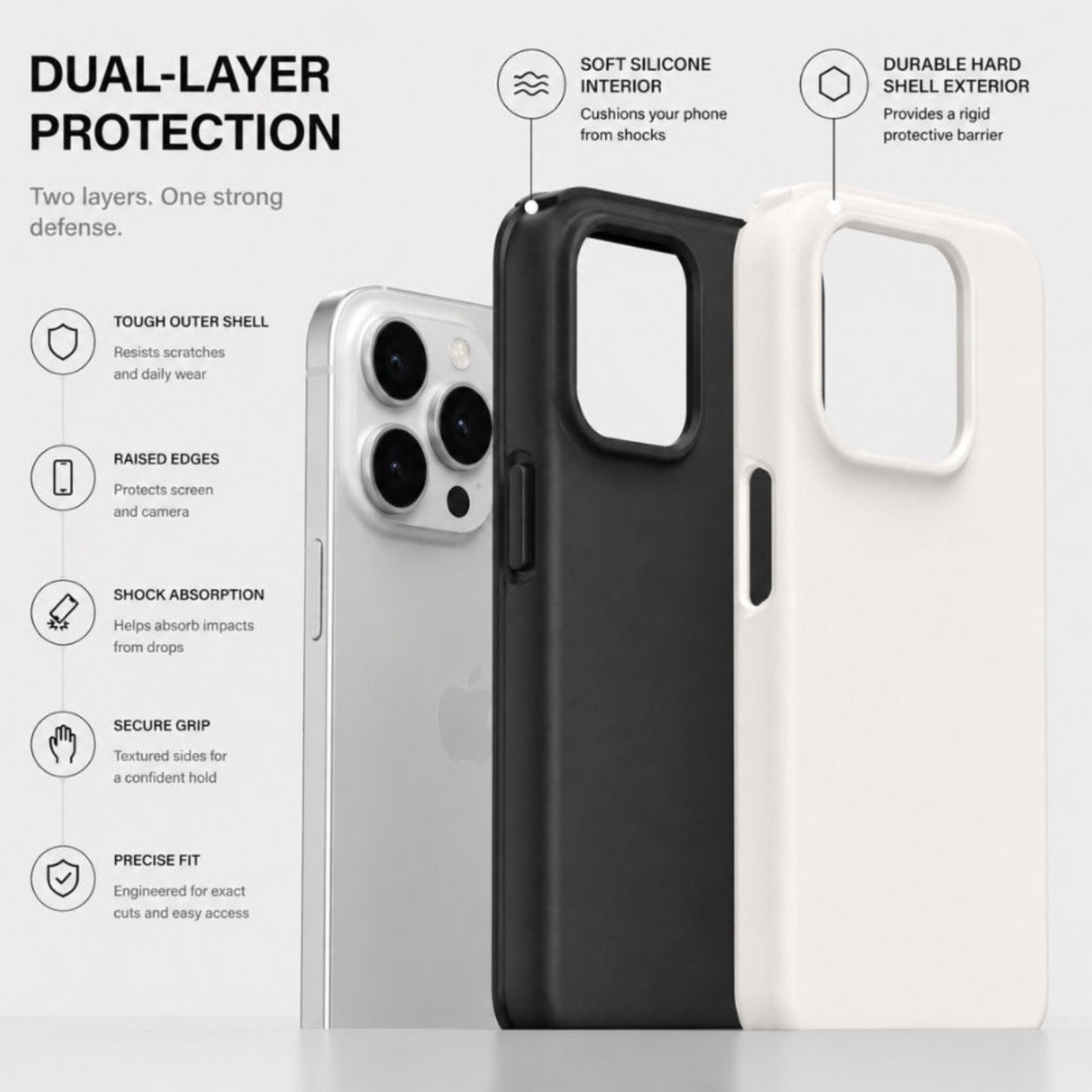 Exploded view of a premium dual-layer phone case showing a soft silicone inner layer and durable hard shell exterior with labeled protection features including shock absorption, raised edges, secure grip, and precise fit.