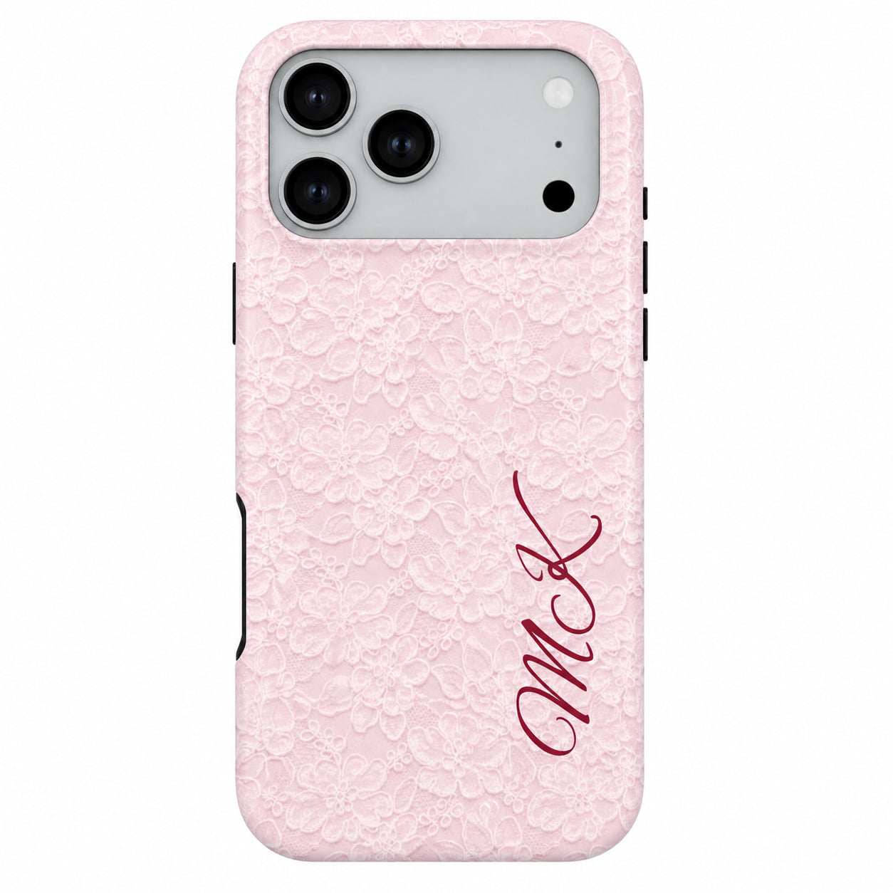 Pink floral phone case with initials on a white background