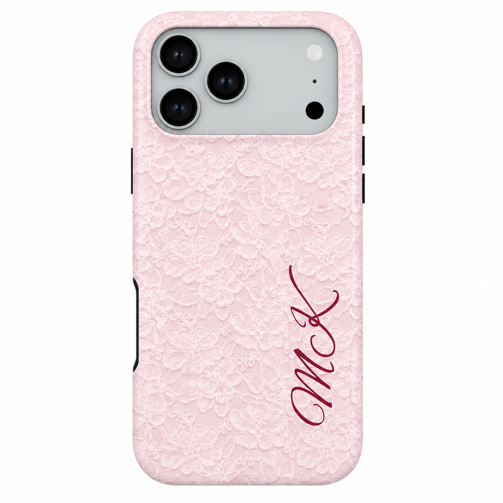 Pink floral phone case with initials on a white background