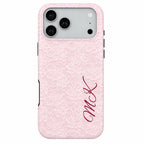 Pink floral phone case with initials on a white background