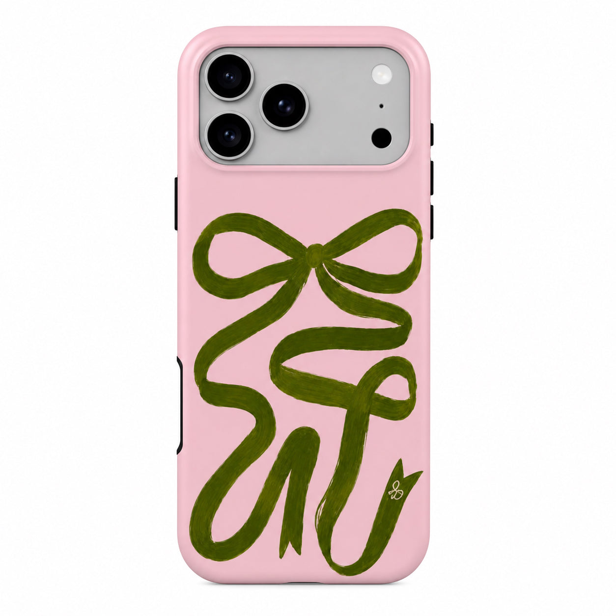 Pink Phone case with green matcha ribbon design on a pink background