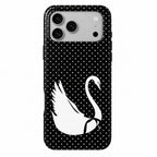 Phone case with a swan design on a black polka dot background