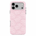 Phone case with pink lace pattern on a white background