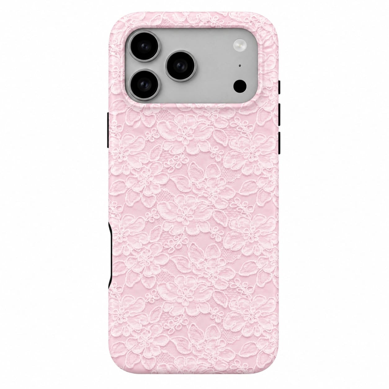 Phone case with pink lace pattern on a white background