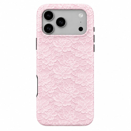 Phone case with pink lace pattern on a white background