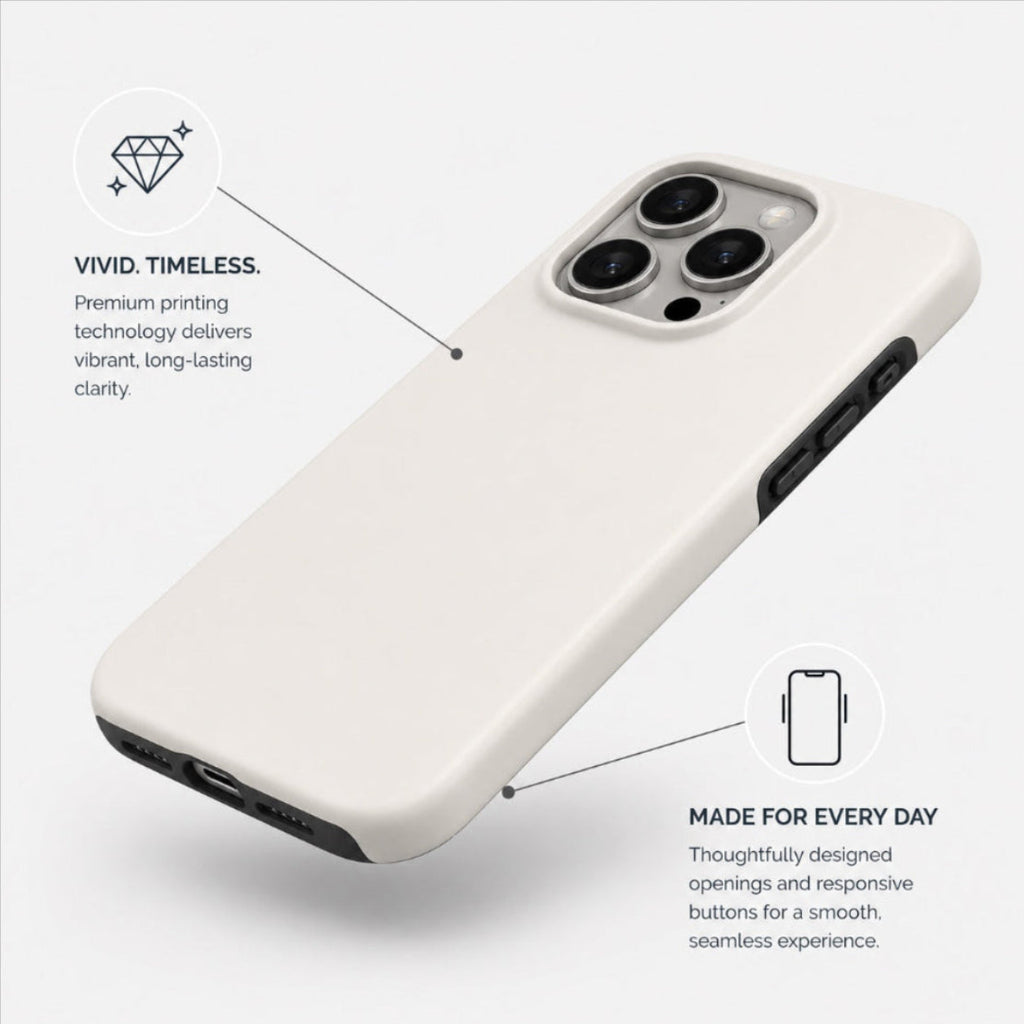 Minimal off-white dual-layer phone case displayed at an angle highlighting smooth matte finish, raised camera protection, responsive side buttons, and durable everyday design with premium print technology.