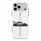 Phone case in white with Porsche and sports car design on a white background
