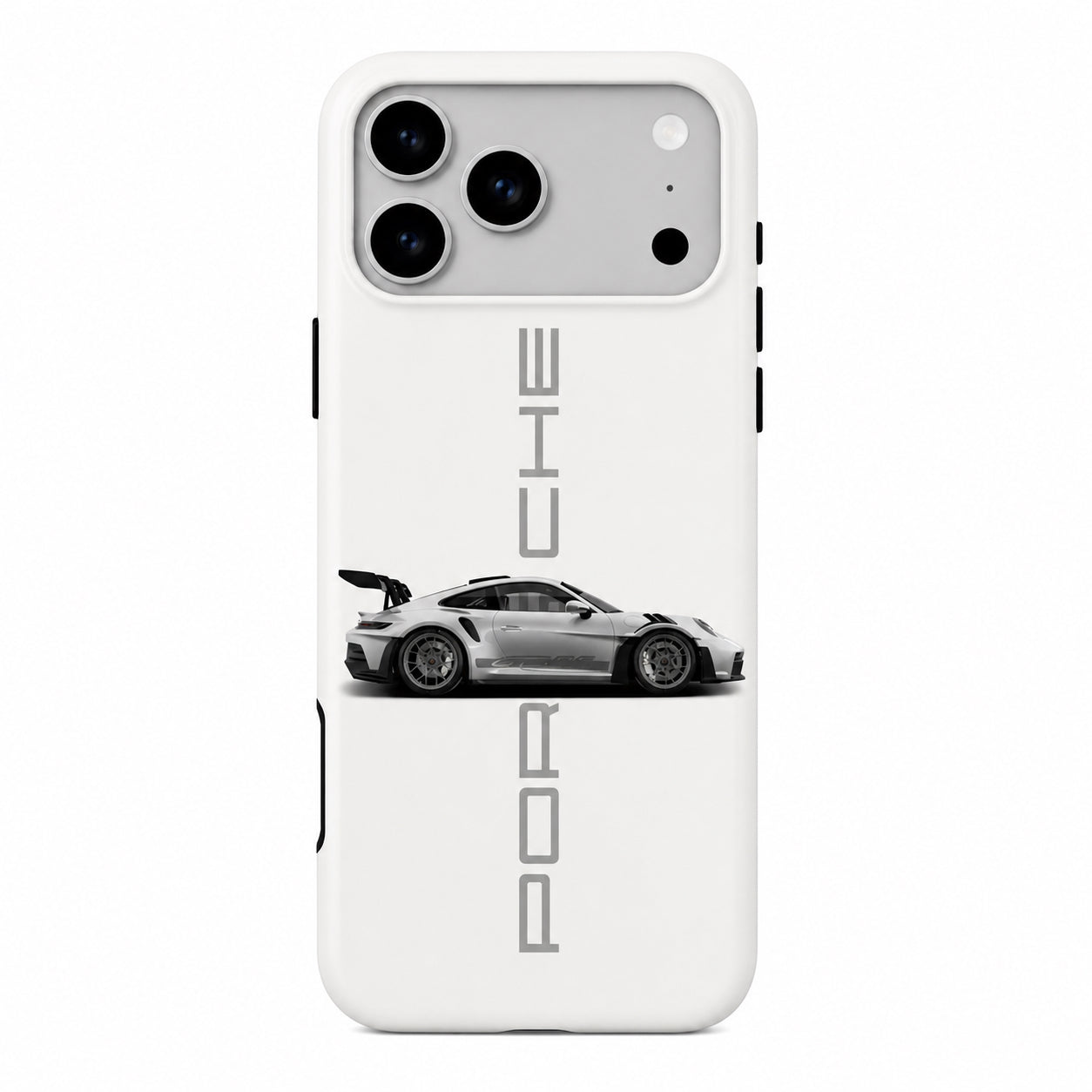 Phone case in white with Porsche and sports car design on a white background