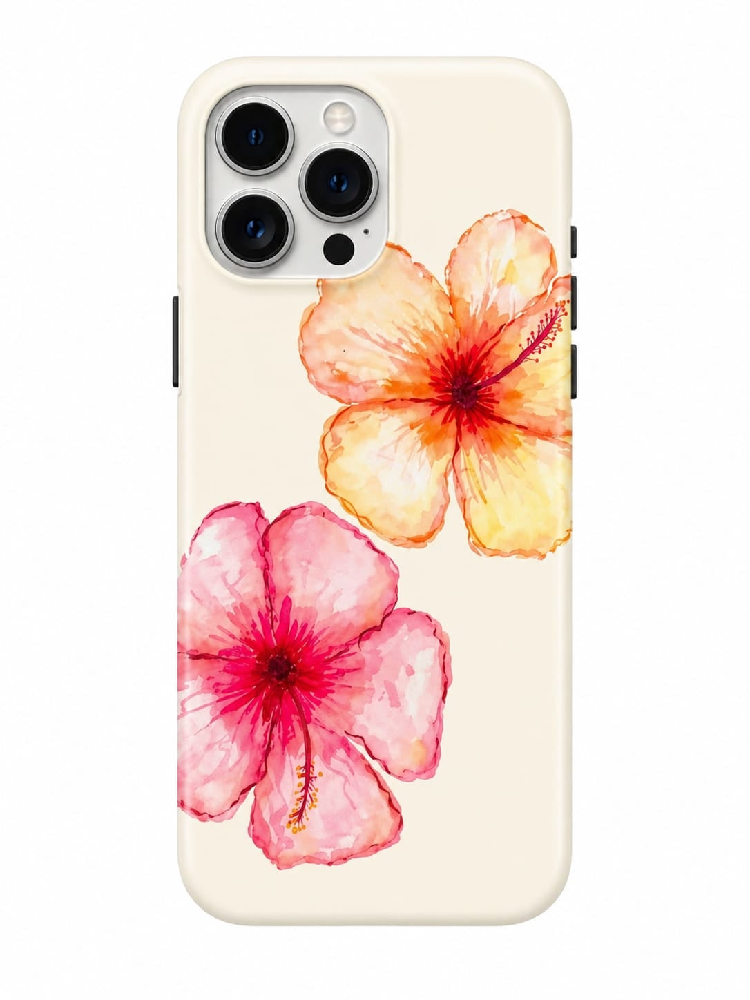 Phone case with pink and orange flowers on a beige background