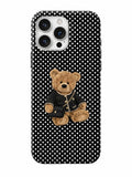 Phone case with a teddy bear design on a black polka dot background