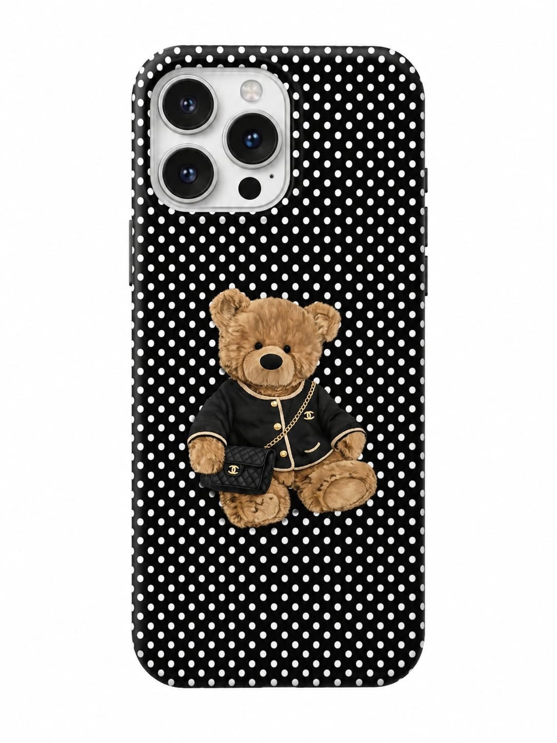 Phone case with a teddy bear design on a black polka dot background