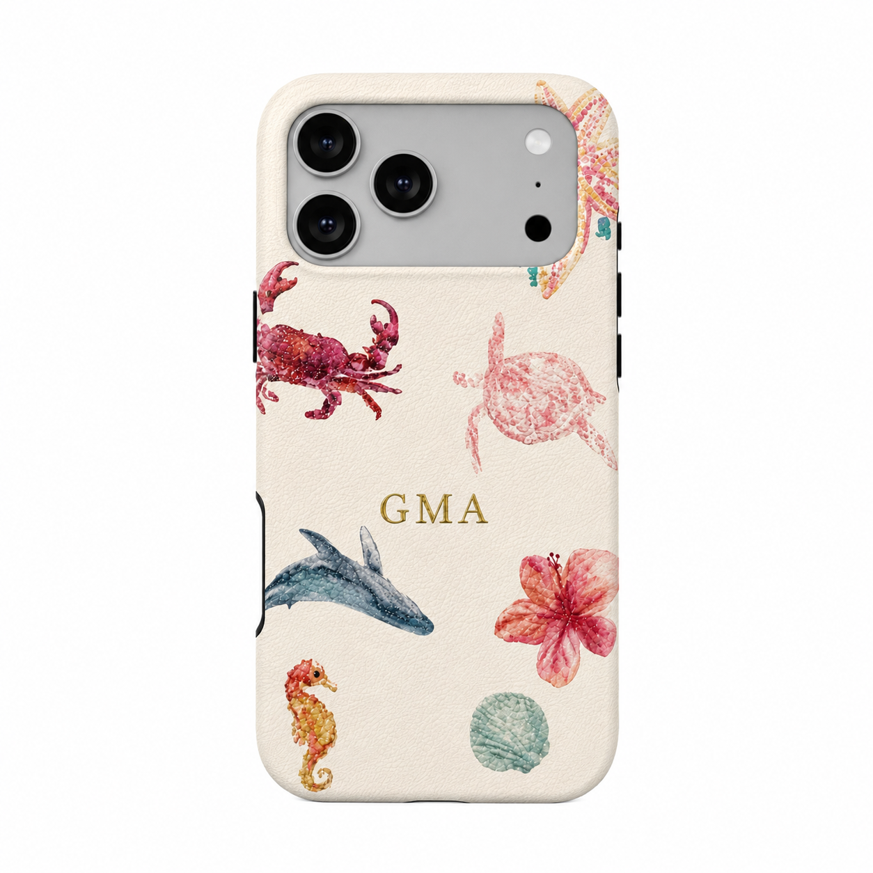 White beach coral phone case with initials on a white background